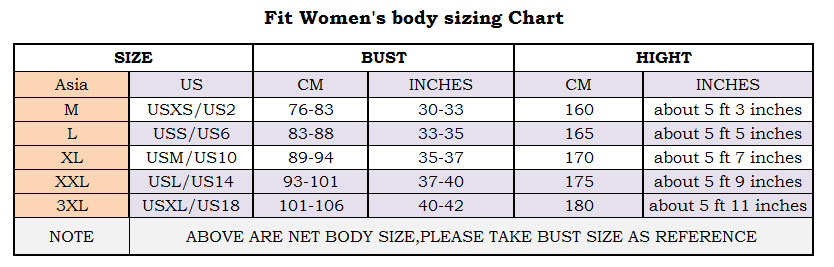 Women Tank Top Asia US size chart