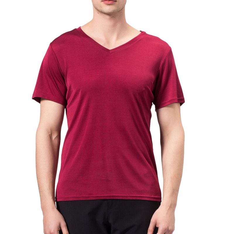 Pure Silk Pique Knitted Mens V Neck Tee Short Sleeves T shirt Solid US S M L XL