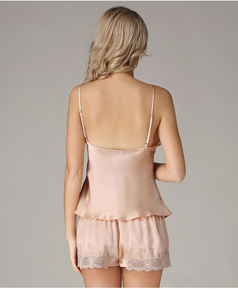 Natural Silk Camisole Boxer Two-Piece Set Sexy Lacy V Neck Camisole w/  Adjustable Strap