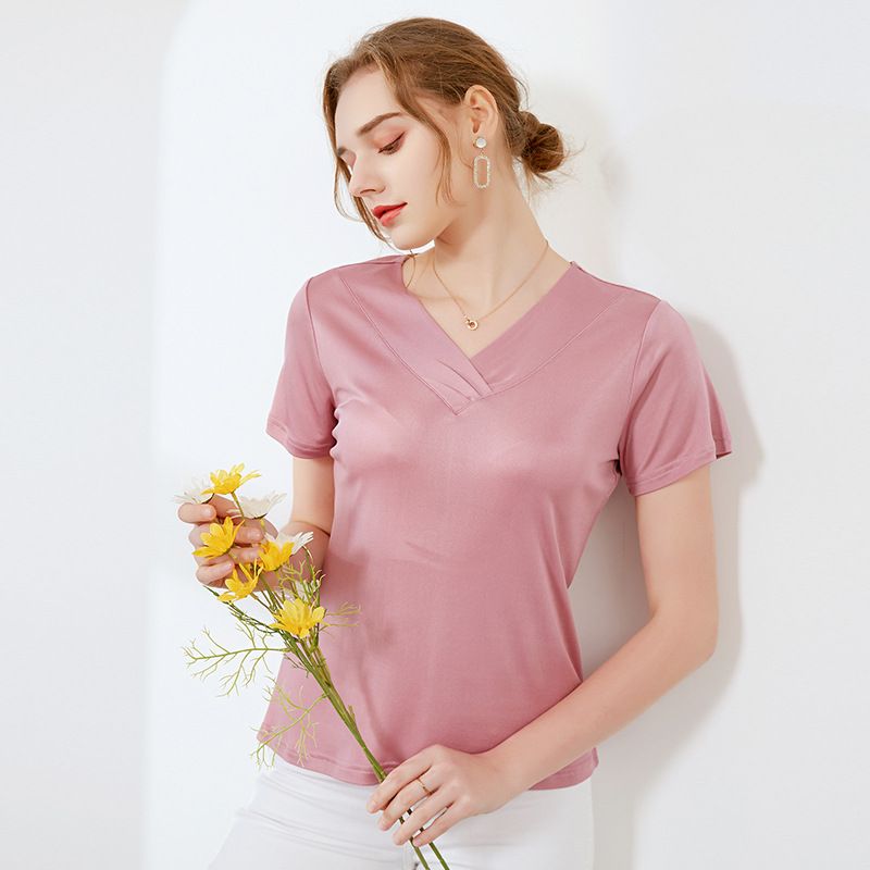 Natural Silk Women's T-shirt  V-neck Short-sleeved Overlapped Collar Solid Color