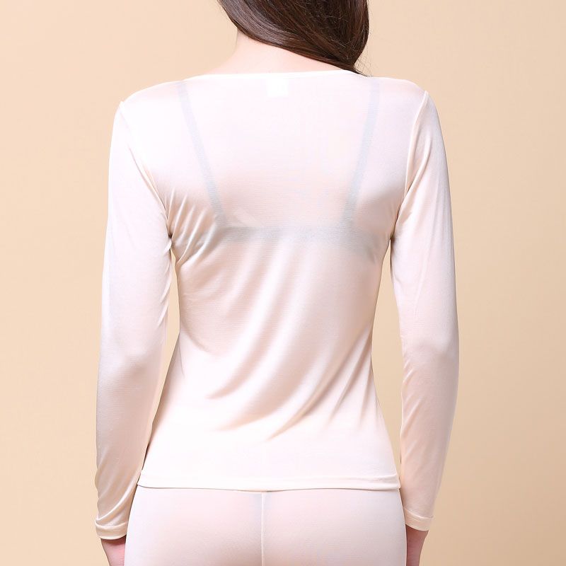 Pure Silk Knit Women Underwear Long Johns Top Only Long Sleeve Thermal Shirt