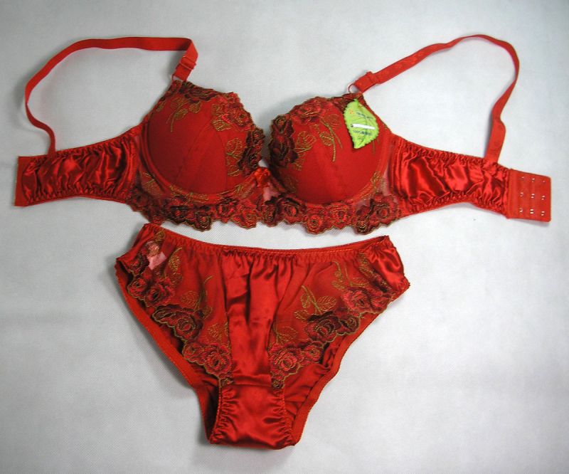 Pure Silk C Cup Bra  Panties Set Underwire Thinly Padded Red Sexy Lace Lingerie 