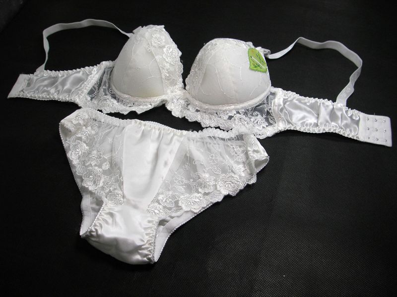 One C Cup White Pure Silk Lacy Underwire Thinly Padded Bra Set