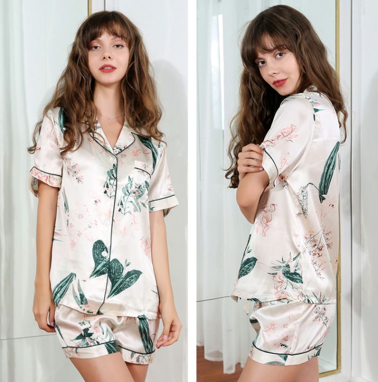 Women's Silk Pajamas Short 100% Natural Silk Top & Bottom Two-Piece Floral Print Cream Color Loungewear