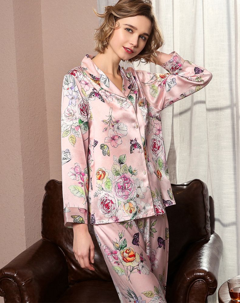 Natural Silk Women Pajamas Top & Bottom Two-piece Suit Long Sleeve Floral Print Pyjamas Set