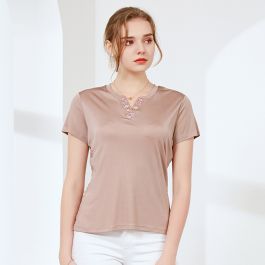 Natural Silk Women's T-shirt V Neck with Embroidery Short Sleeve Solid ...