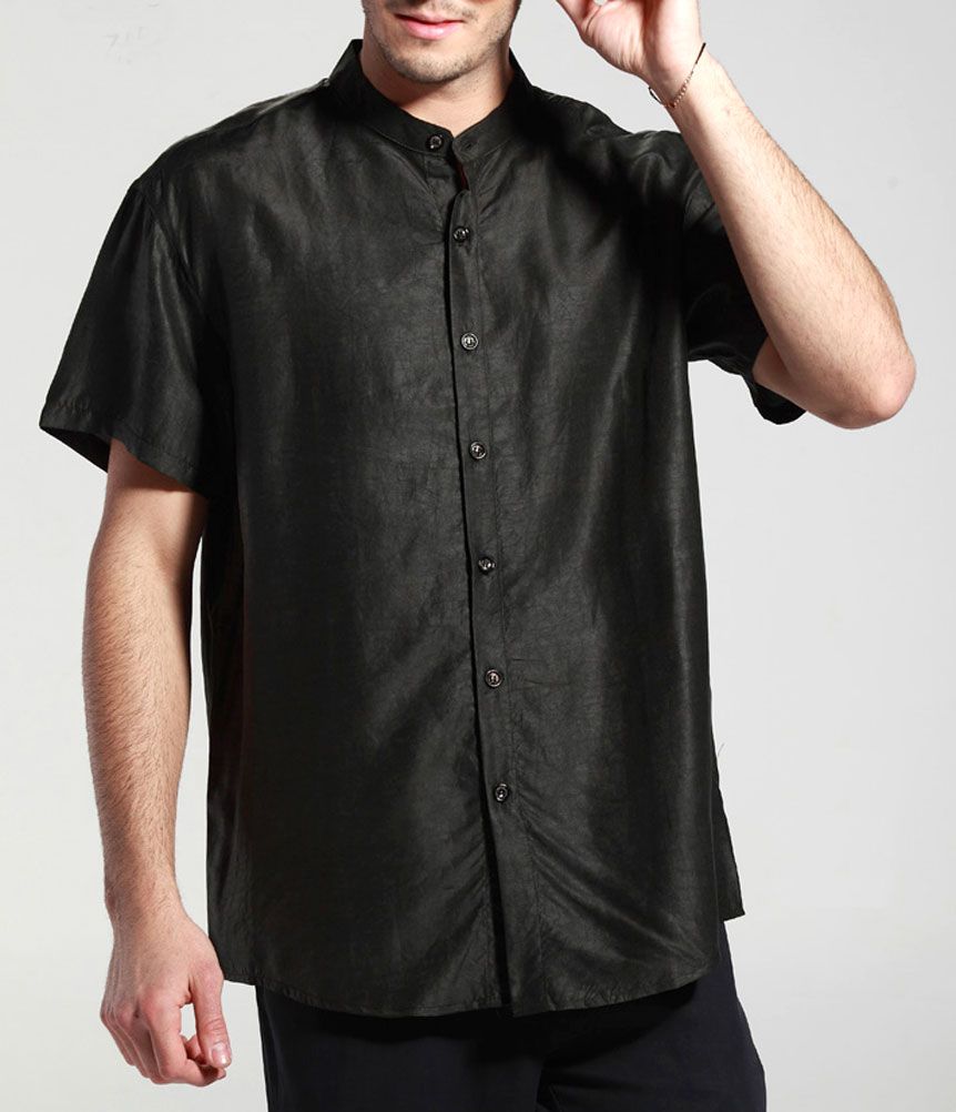 Gambired Canton Gauze Black Mandarin Collar Pure Silk Short