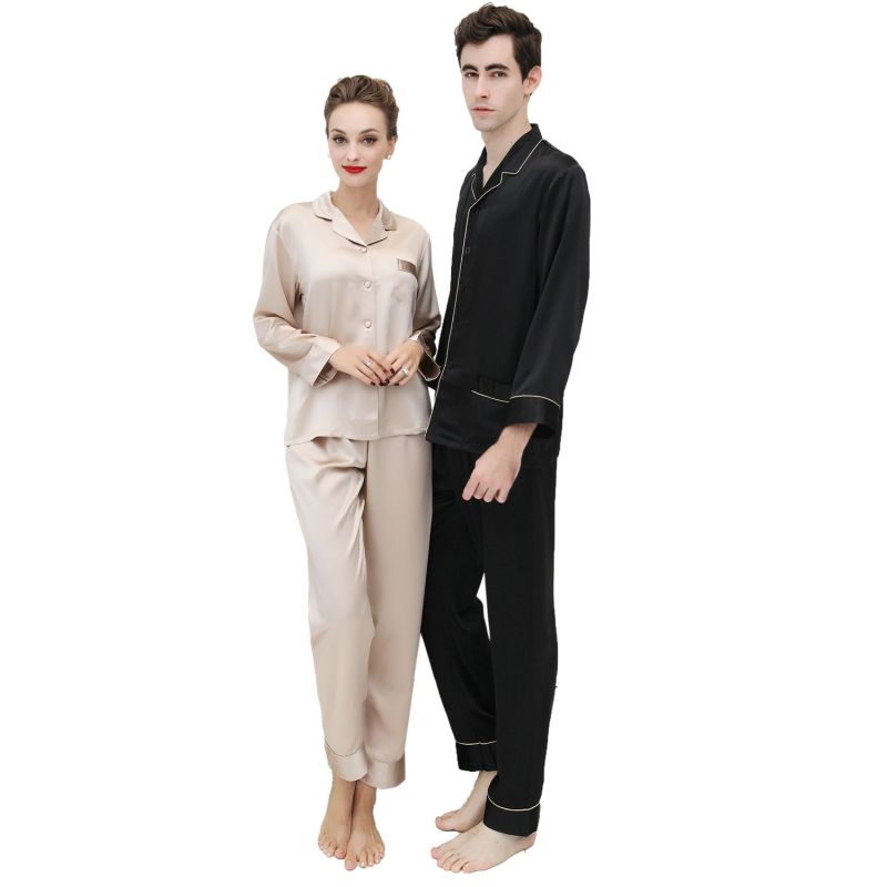 NWT 100% 19MM Silk Couple Pajamas Set US S,M,L,XL,XXL black and beige