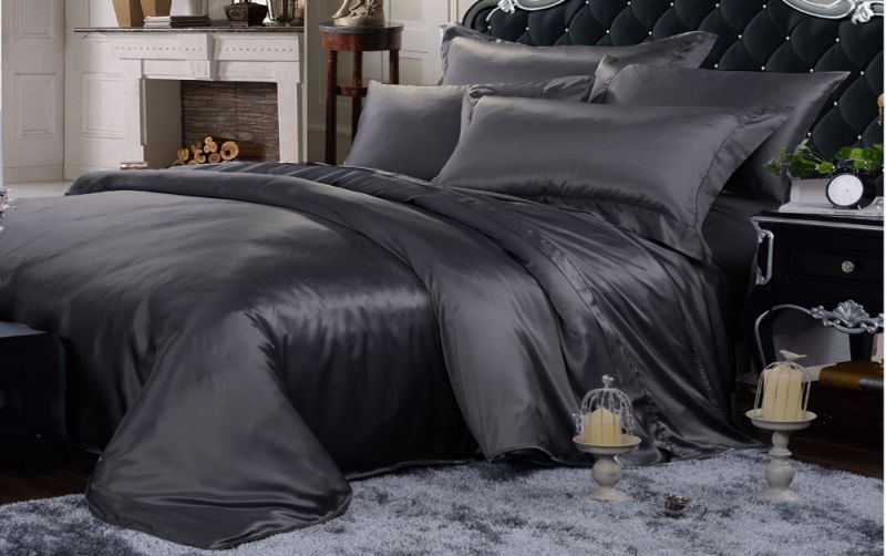 Pure Silk Duvet Cover Pillowcases 3Pcs Set 22MM Extra Thick Seamless Bedding Set Charcoal