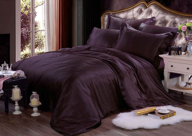 Pure Silk Duvet Cover Pillowcases 3Pcs Set 22MM Extra Thick Seamless Bedding Set Dark Purple