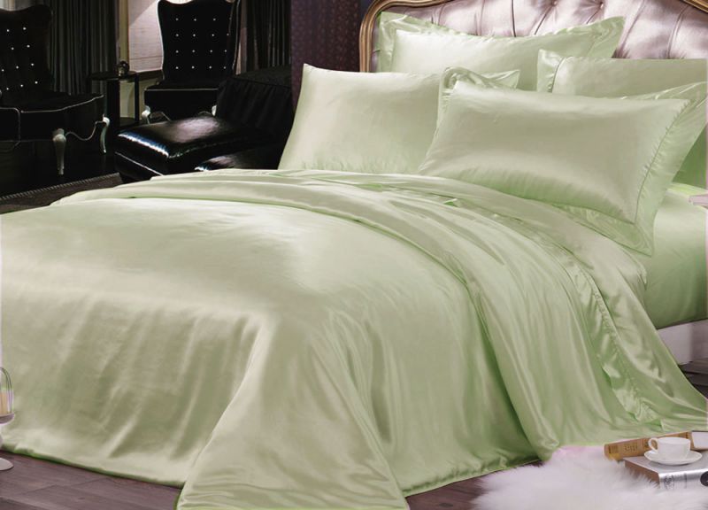 Pure Silk Duvet Cover Pillowcases 3Pcs Set 22MM Extra Thick Seamless Bedding Set Soft Green