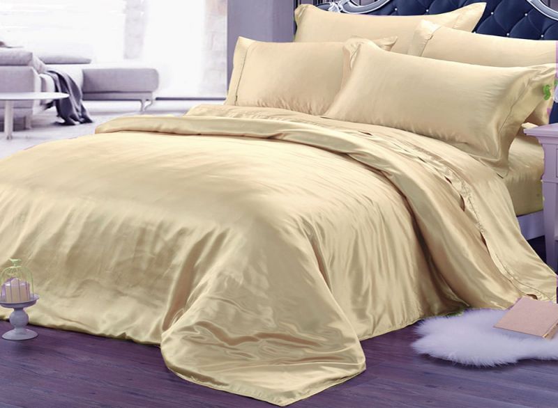 Pure Silk Duvet Cover Pillowcases 3Pcs Set 22MM Extra Thick Seamless Bedding Set Soft Yellow