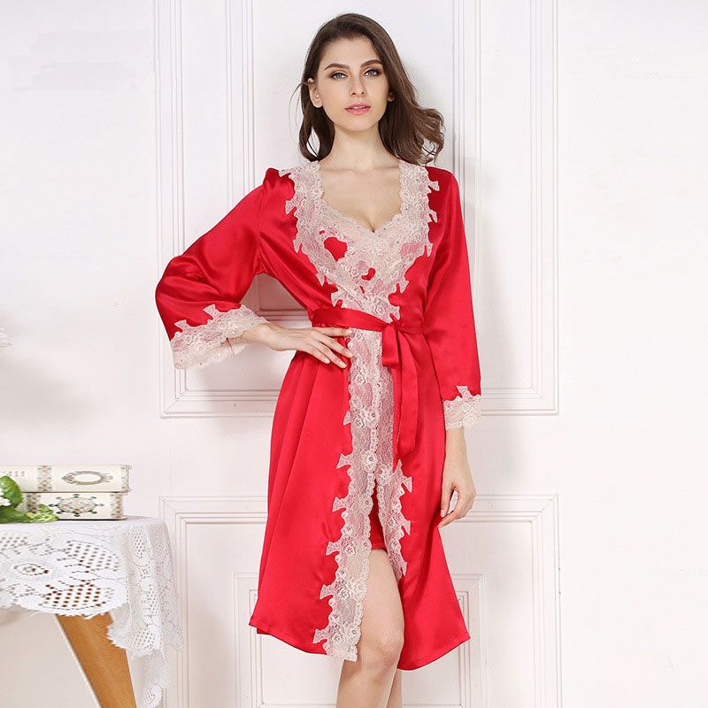 Pure Silk Womens Lace Dressing Robe Midi Slips Set Red