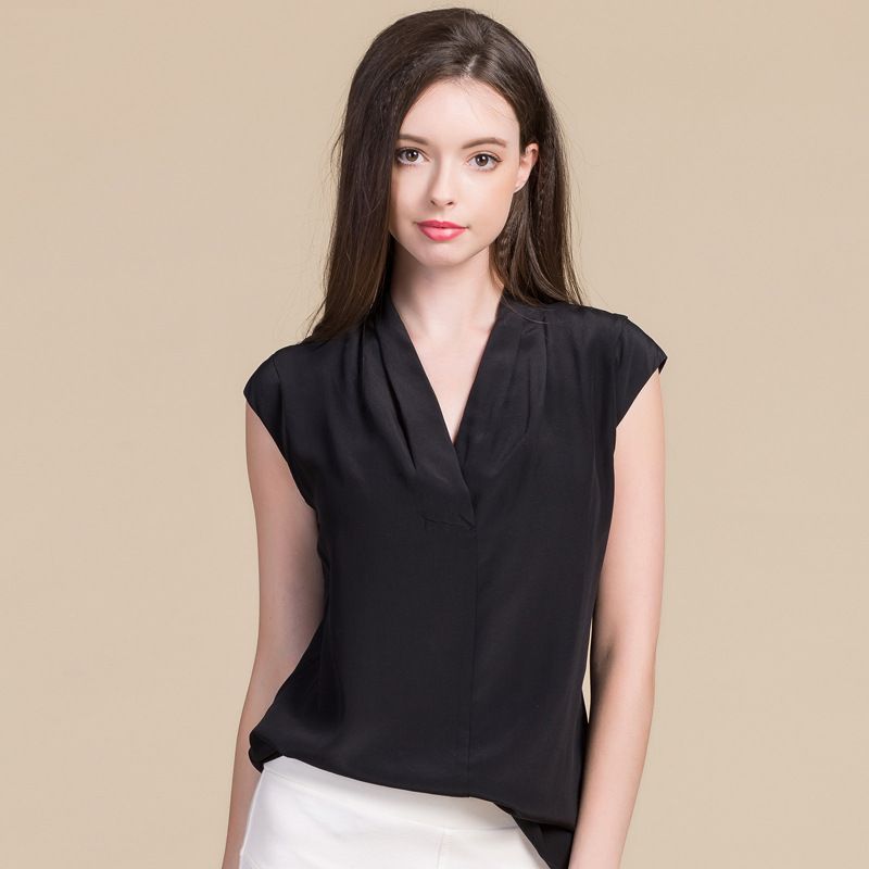 100% Crepe Silk Womens Overlap V-Neck Cap Sleeve Shirt