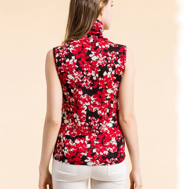 Natural Silk Wool Blend Sleeveless Top High Collar  Printed Turtleneck Knitted T-Shirt
