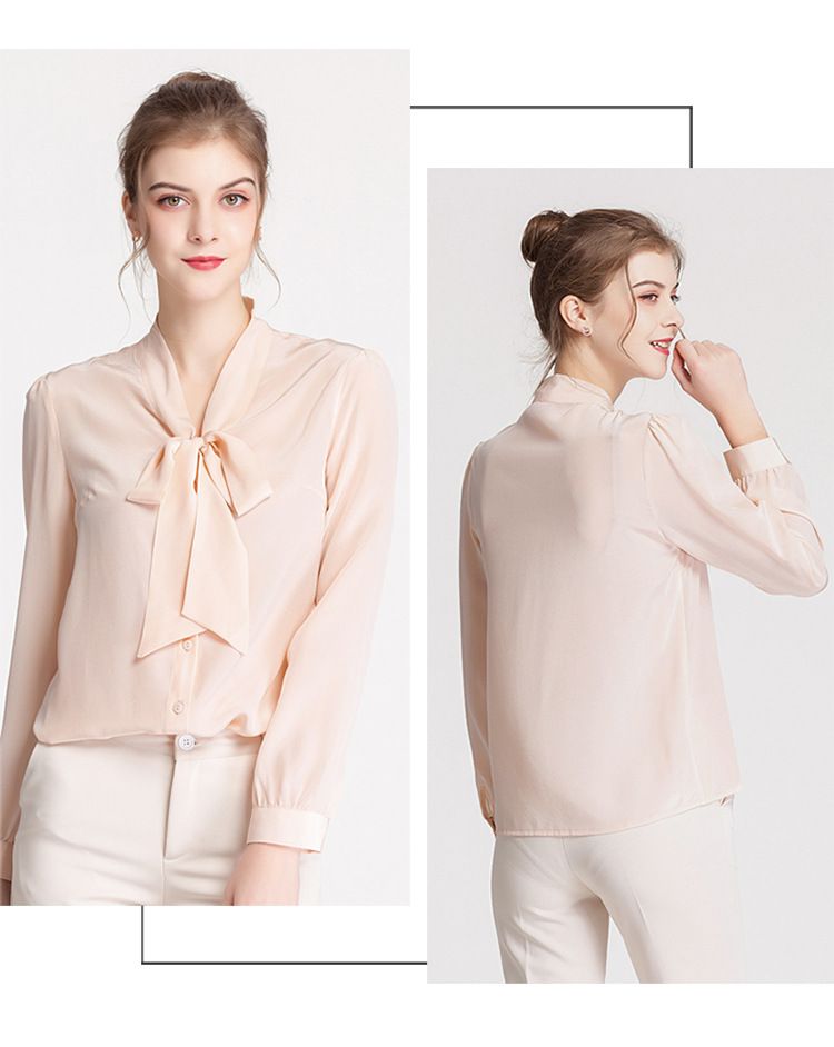 Natural Silk Shirt Women Long Sleeves Ladies Bow Neck 100% Silk Crepe Blouse
