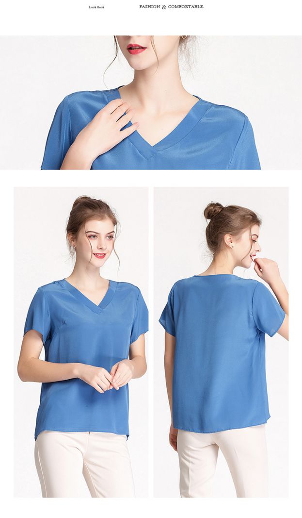 Natural Silk Top Women's V Neck Short Sleeve  100% Silk Crepe de Chine Loose Shirt