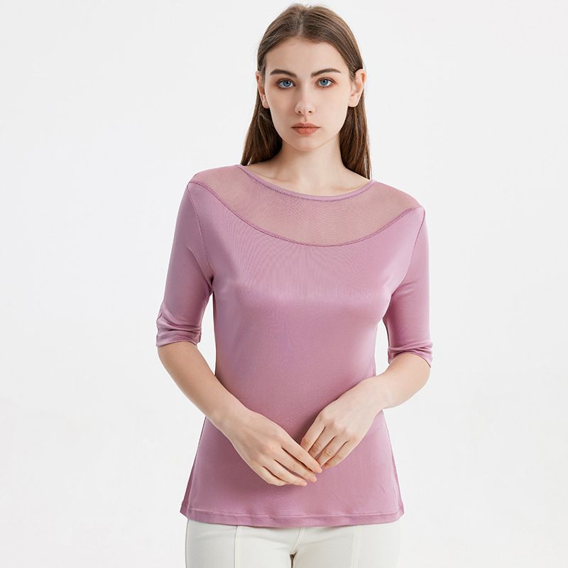 Stylish Silk Short Sleeve Tee for Women with See-Through Mesh and Soft Knitted Fabric