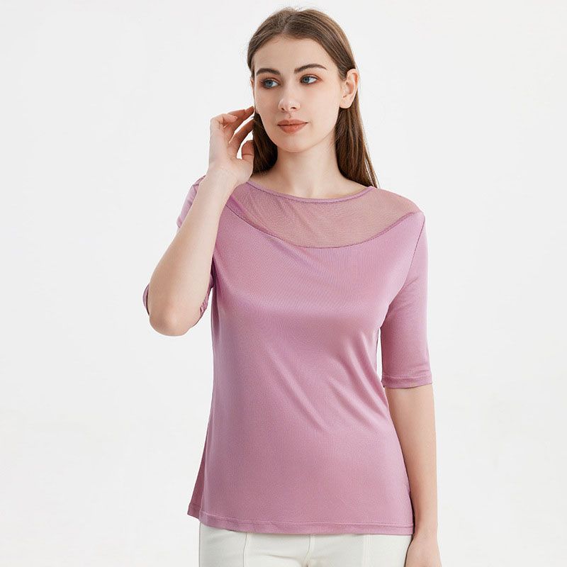 Stylish Silk Short Sleeve Tee for Women with See-Through Mesh and Soft Knitted Fabric