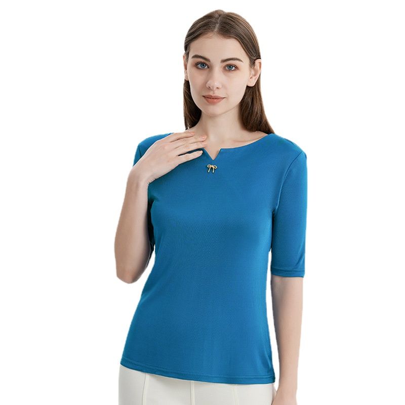 Women's Silk Half-sleeved T-Shirt with Notch Collar