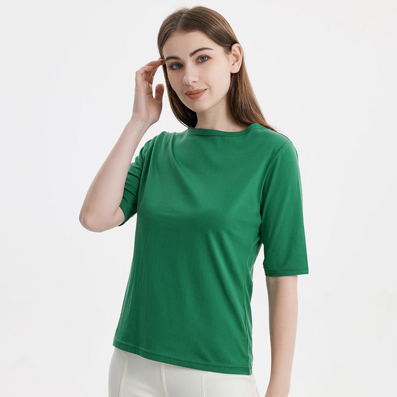 Silk/Cotton Knitted Base Top Women Summer Short-sleeved T-shirt Loose Tee Flat Neck Top