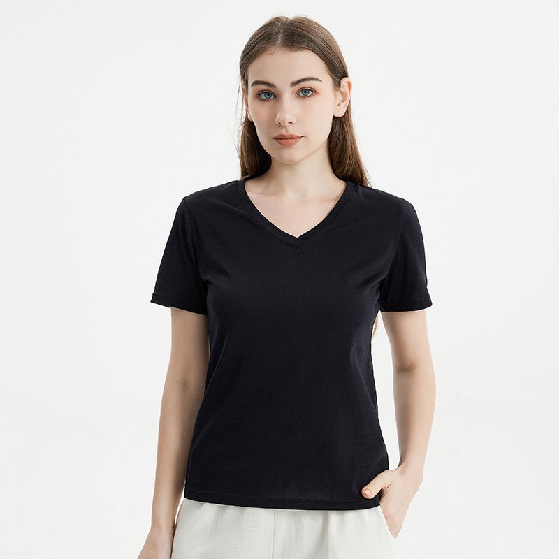 Silk/Cotton Knitted Base Top Women Summer Short-sleeved T-shirt Loose Tee V Neck Top