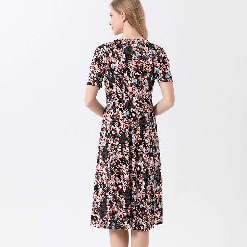 Elegant Silk Midi Dress Women's Digital Print Loose Fitting Round Neck Dress