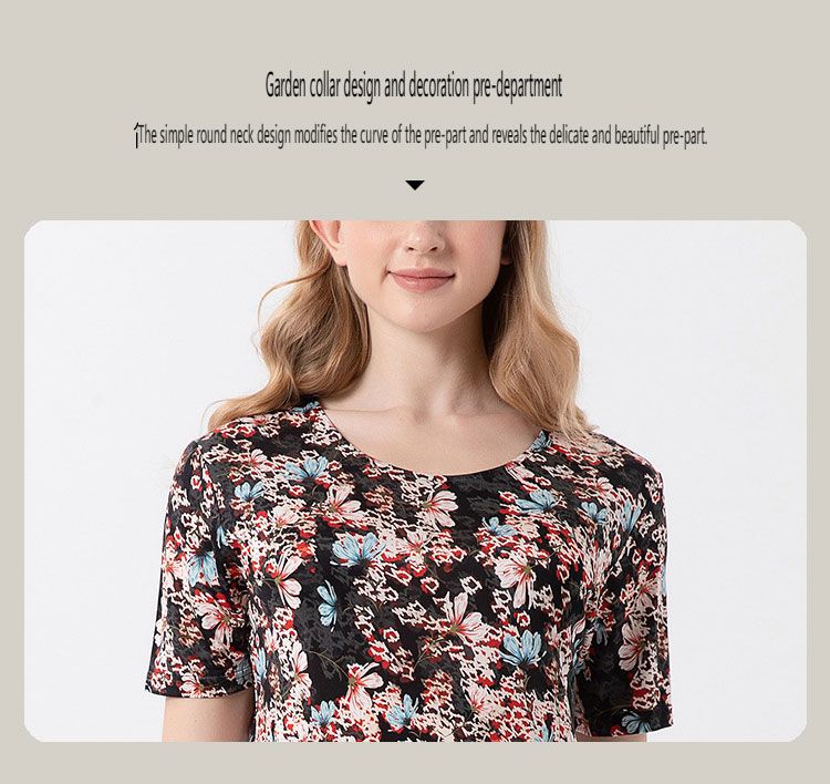 Elegant Silk Midi Dress Women's Digital Print Loose Fitting Round Neck Dress