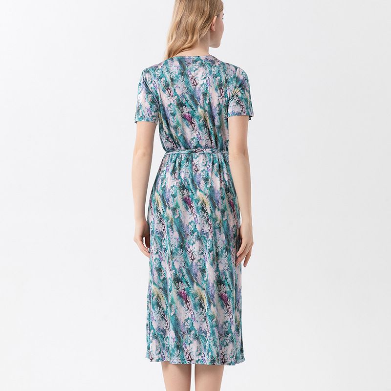 Elegant V-neck silk knit dress, ladies' midi-length dress with fashionable prints