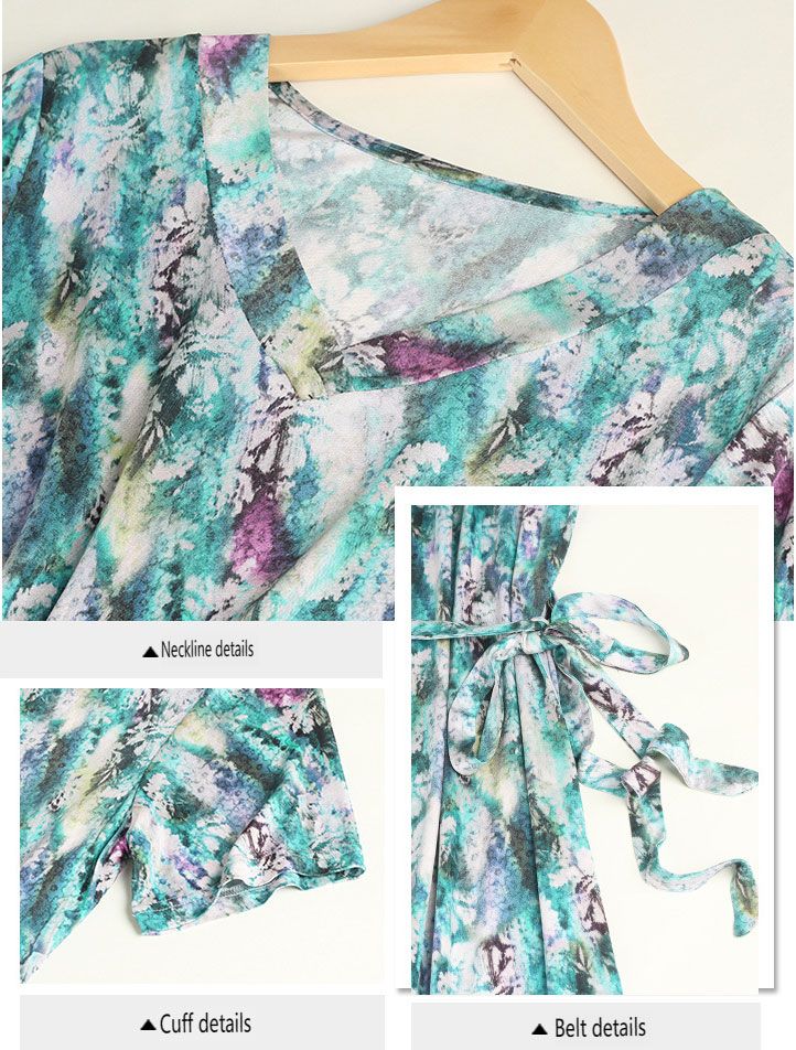 Elegant V-neck silk knit dress, ladies' midi-length dress with fashionable prints