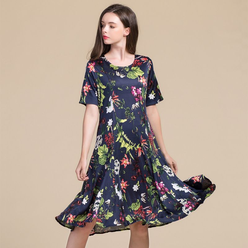 New Silk Dress Womens  Round Collar Floral Print Short Sleeve Big Pendulum Dress