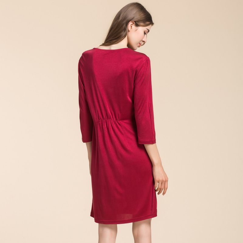 New Silk Knit Dress Womens Round Collar Solid Three Quarter Sleeve Short Dress