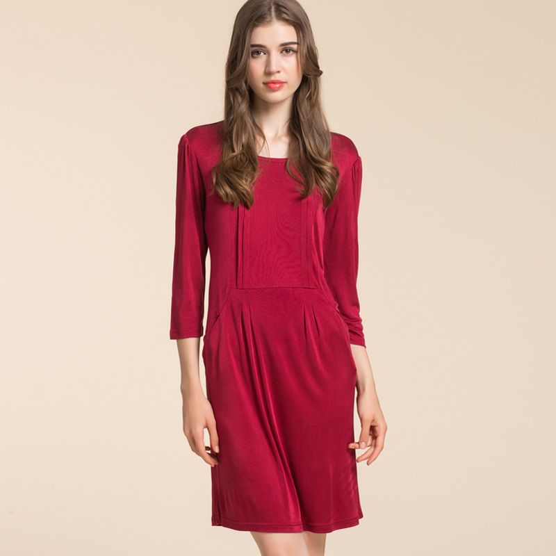 New Silk Knit Dress Womens Round Collar Solid Three Quarter Sleeve Short Dress