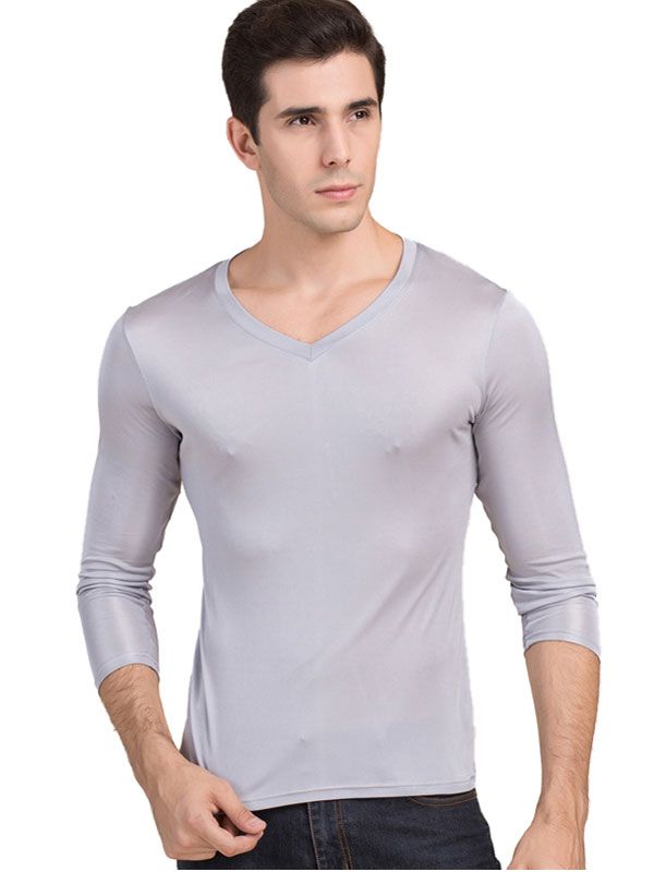 Men's Pure Silk V Neck Long Sleeves Long Johns Top Gray