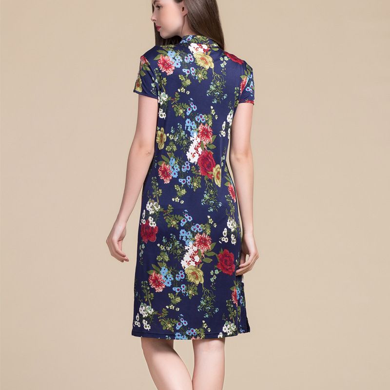 New Silk Cheongsam Dress Womens Short Sleeved Mandarin Collar Silk Knitted Print Slim Dress