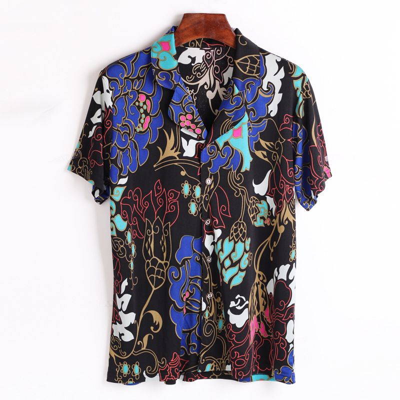 Natural Pure Silk Short Sleeved Shirt Silk Knit Loose Floral Print Classic Turndown Collar Shirt
