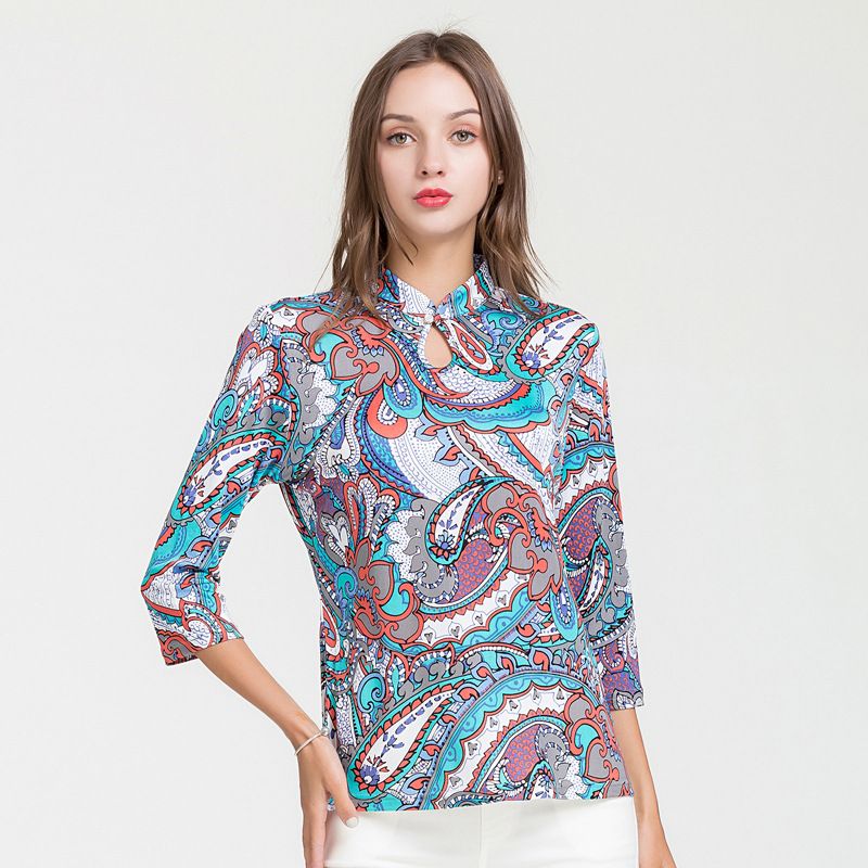 Natural Pure Silk Three-Quarter Sleeve Womens T-shirt Stand-up Collar Floral Print Blouse