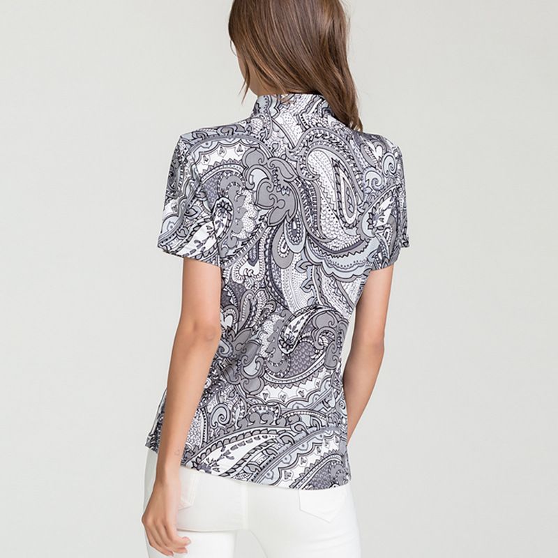 Natural Pure Silk Short Sleeve Womens T-shirt Stand-up Collar Floral Print Blouse