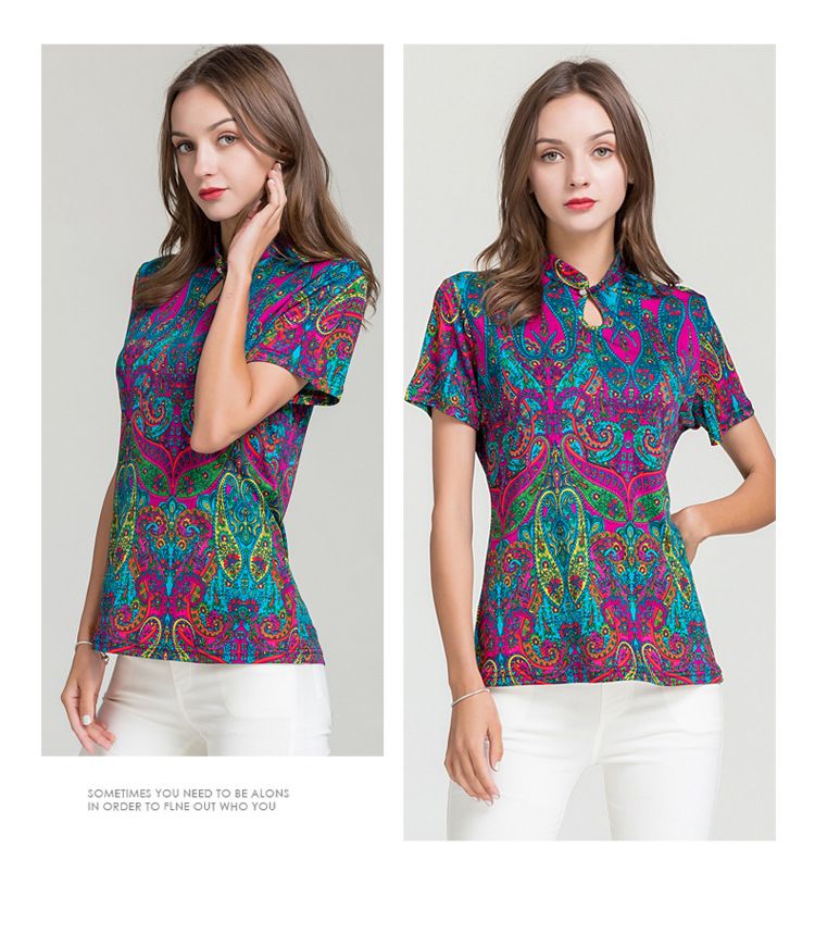 Natural Pure Silk Short Sleeve Womens T-shirt Stand-up Collar Floral Print Blouse