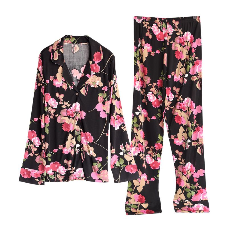 Women Silk Knit Pajamas Set Floral Print Long Sleeve Top and Bottom Set 