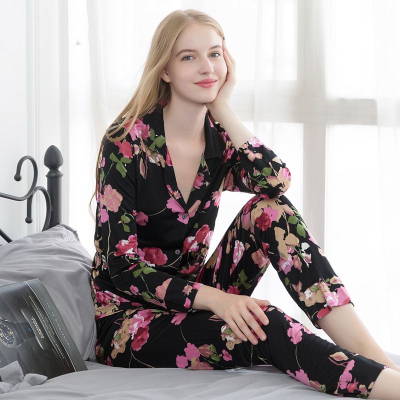 Women Silk Knit Pajamas Set Floral Print Long Sleeve Top and Bottom Set 