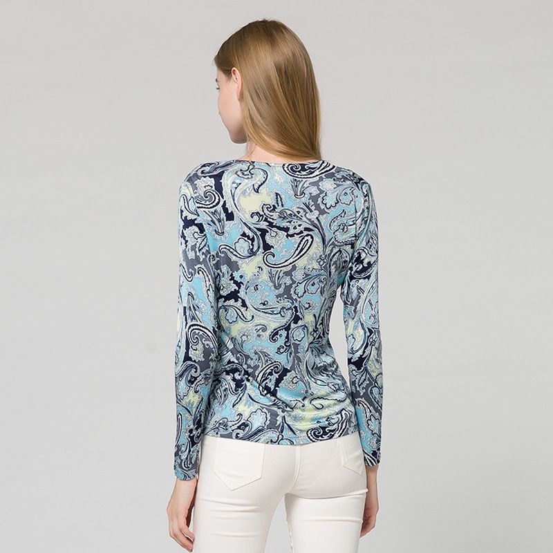 Natural Silk Womens Long Sleeve Overlapping Small V Neck Floral print Vest Shirt