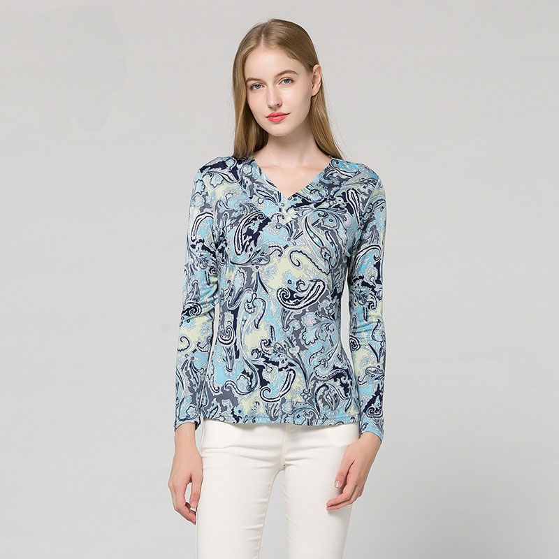 Natural Silk Womens Long Sleeve Overlapping Small V Neck Floral print Vest Shirt