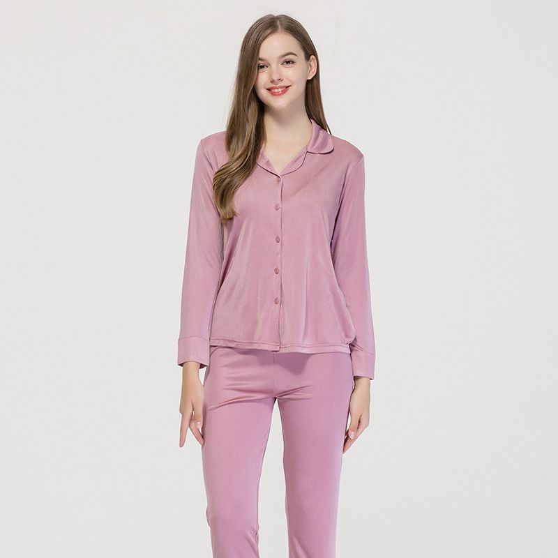 Women Silk Knit Pajamas Set Long Sleeve Top and Bottom Set Solid