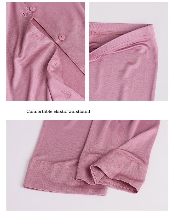 Women Silk Knit Pajamas Set Long Sleeve Top and Bottom Set Solid