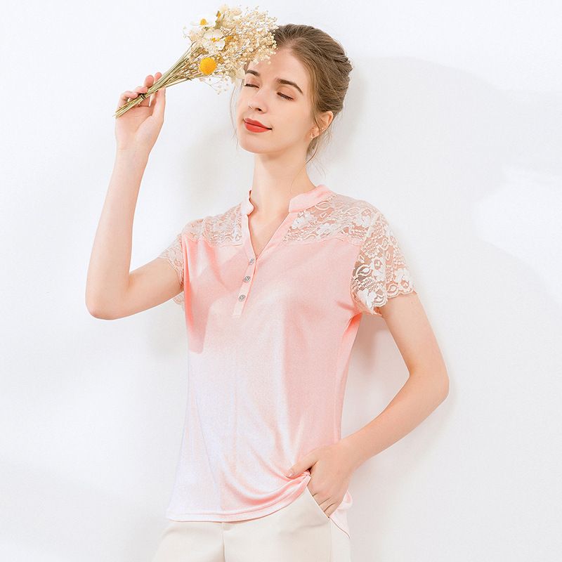 Natural Silk Knit Short Sleeve Shirt Stand-up Collar Lace Patchwork Fashion T-shirt
