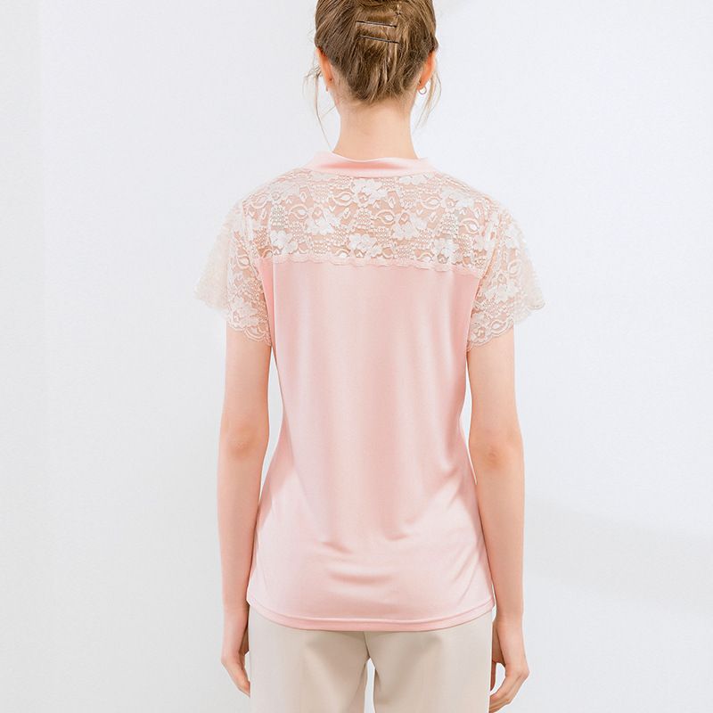 Natural Silk Knit Short Sleeve Shirt Stand-up Collar Lace Patchwork Fashion T-shirt