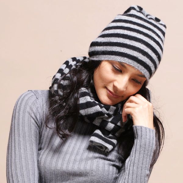 Knitted Wool Cashmere Blend Hat Scarf Wrap Set Stripe