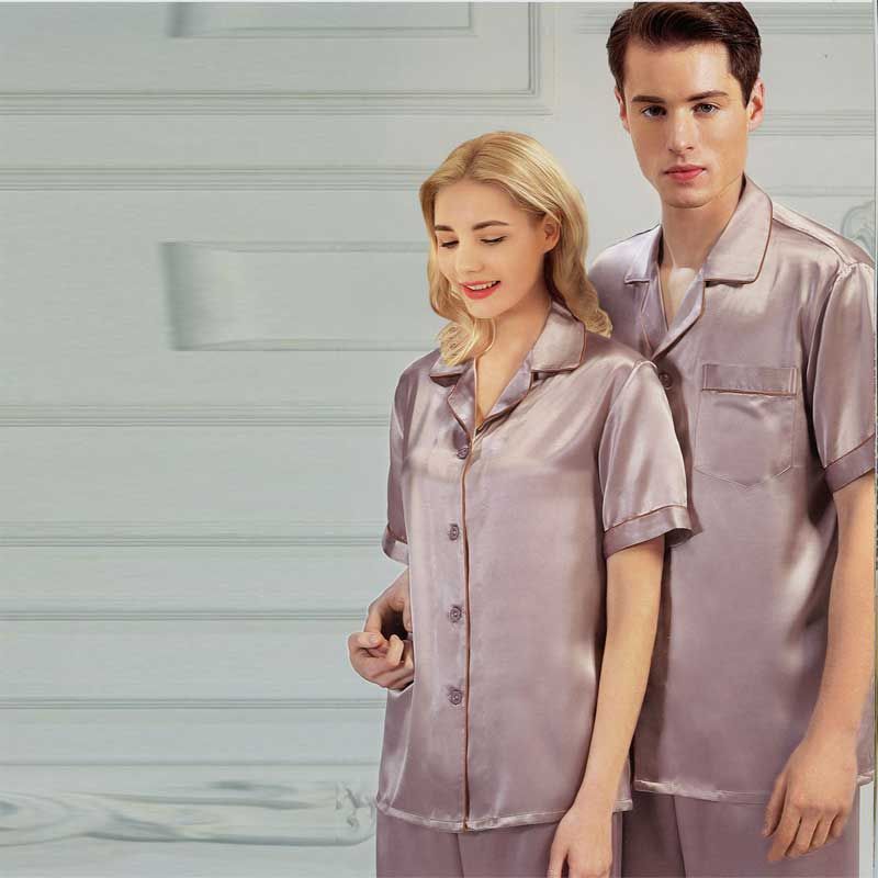 19MM Pure Silk Pajamas Set for Couples Short-Sleeved Top and Bottom Suit