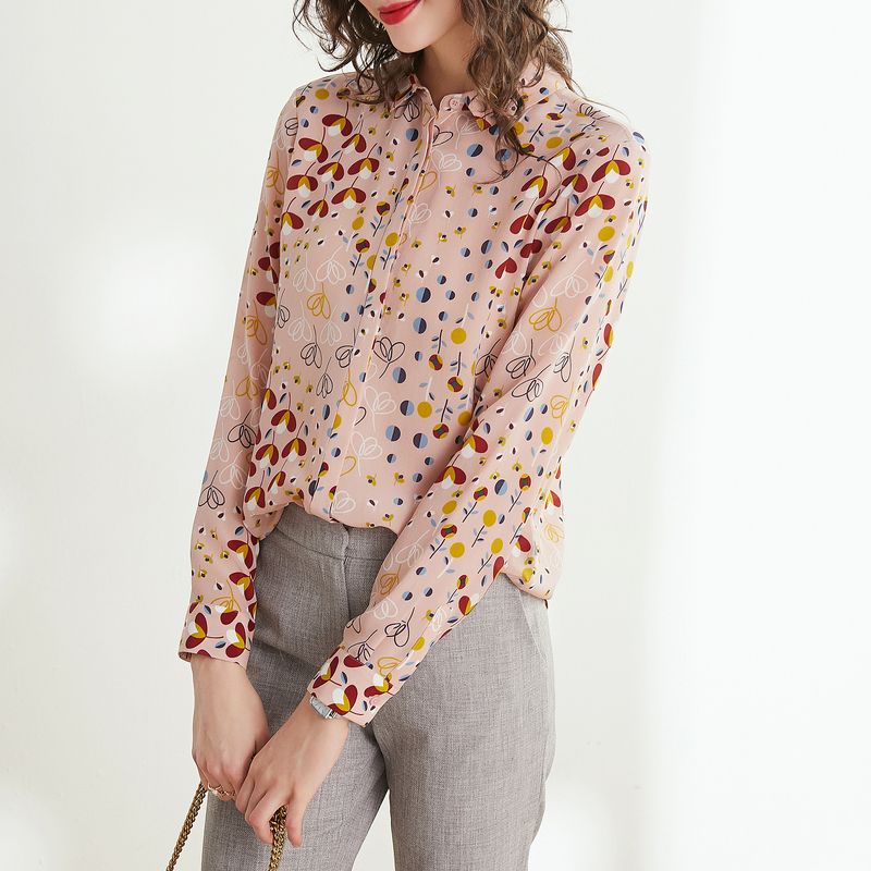Women Silk Blouse 100% Natural Silk Floral Print Fashion Long Sleeve Shirt